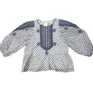 By Anthropologie Peasant Blouse Boho Top Embroidered White Blue Lined Size M